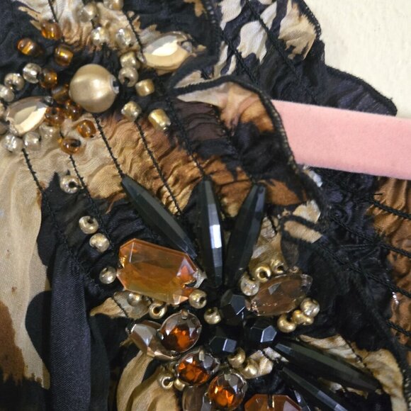 Cache Silk Animal Print Beaded Smocked Detail Balloon Sleeve Beaded Tie Size M - Picture 5 of 8